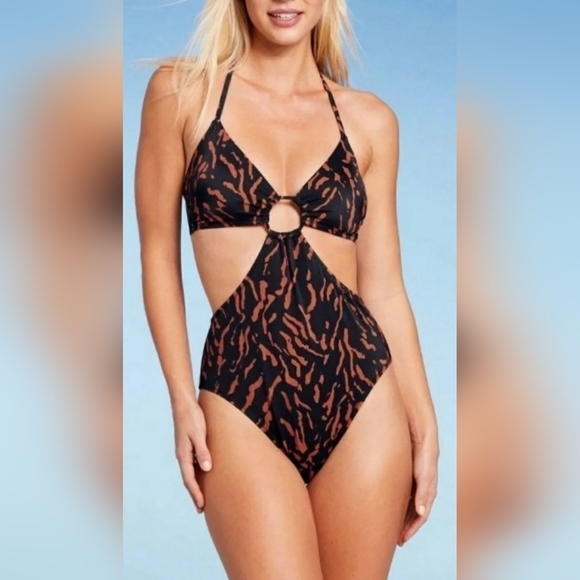 Cut Out Halter Monokini One Piece Swimsuit BLACK Animal Print XL (16-18) - Picture 1 of 5